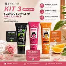 Kit 3 Máscaras Faciais Blue Moon Black Mask Rosa Mosqueta Vitamina C Limpeza Hidratação Iluminação 50g