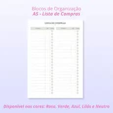 Lista de compras, bloco para organizar compras, tamanho A5