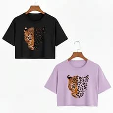 Kit 2 Blusinha Cropped De Algodão Estampada Onça Tendencia