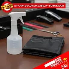 Kit Barbeiro 1 Capa de Corte Preta com Velcro + 1 Borrifador de Água 500ml para Barba e Cabelo