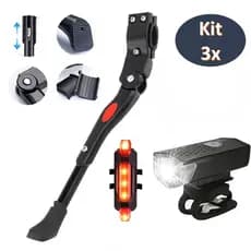 Kit Farol Lanterna Dianteira Bike + Sinalizador Traseiro Recarregável Bicicleta + Pezinho Descanso