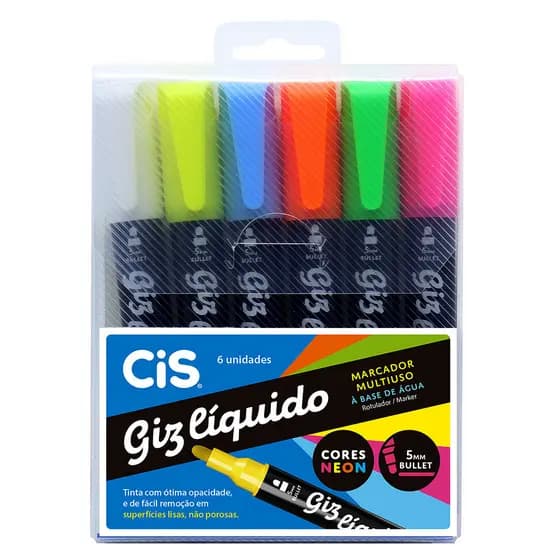 Caneta Marcador Giz Líquido Cis Estojo Com 6 Cores Neon