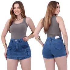 Short Saia Jeans Cintura Alta com Lycra Feminino com Bolso