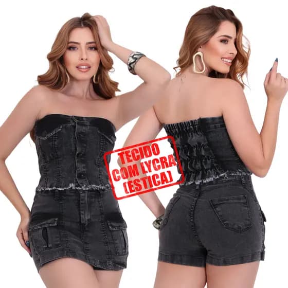 Conjunto Feminino Jeans Short Saia  Cintura Alta + Cropped Com Botão Ajuste Com Elastico