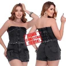 Conjunto Feminino Jeans Short Saia  Cintura Alta + Cropped Com Botão Ajuste Com Elastico