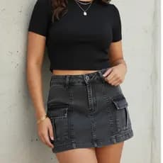 Short Saia Jeans Cintura Alta com Lycra e Short por Baixo Feminino