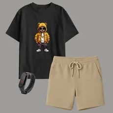 Kit Camiseta Infantil Algodão e Short Moletinho + Brinde Relógio Digital