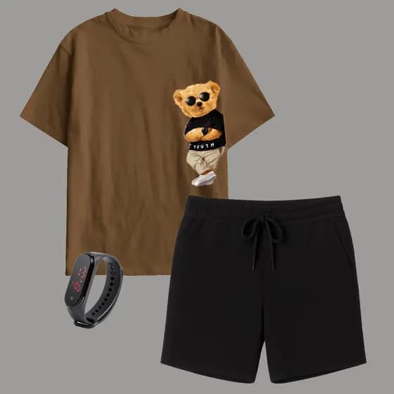 Kit Camiseta Infantil Urso e Short Moletinho Masculino + Brinde