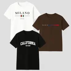 Kit 3 Camisetas Algodão Milano Paris Califórnia Várias Cores