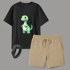 Kit Camiseta Infantil Dinossauro e Short Moletinho + Brinde
