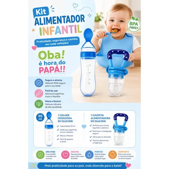 Chupeta mordedor Porta Frutas + Colher mamadeira Dosadora de Silicone 90ml