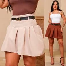Short Saia Feminino Alfaiataria Com Cinto Plissado Primavera Verão