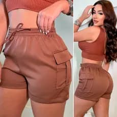 Short Cargo Feminino Com Bolsos Laço Primavera Verão