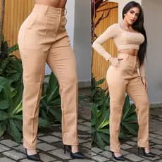 Calça Alfaiataria Feminina Cintura Alta Com Bolso Premium