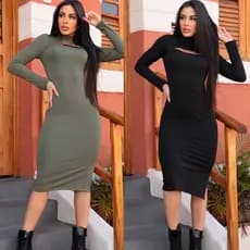 Vestido Feminino Midi Manga Longa Canelado Com Elastano