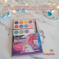 Kit Pintura Infantil Princesas Livro de Colorir Aquarela Giz Lápis Escolar Presente Criativo Educativo