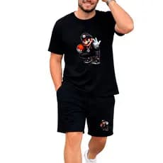 Kit Masculino Premium Mario Camiseta Algodão Estampada + Bermuda Tactel