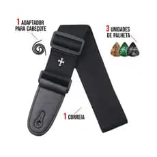 Correia Para Violão Guitarra Baixo Alça Ajustável + 3 Palhetas Preto Cruz