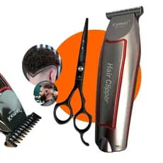 Kit Barbeiro Aparador Kemei Máquina de Cortar Cabelo e Barba + Tesoura Profissional