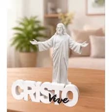 Kit Decorativo Estátua Jesus Cristo + Letreiro "Cristo Vive" – Decoração Cristã para Mesa e Escritório