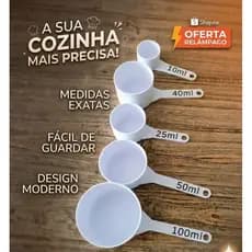 Kit 5 Colheres Medidoras Brancas - 10ml a 100ml - Medidores de Cozinha e Suplemento