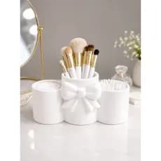 Porta Pincel De Maquiagem Organizador De Mesa Com Laço 3 Divisórias Algodão E Cotonete Coquete Estilo Camas de Cabeceira