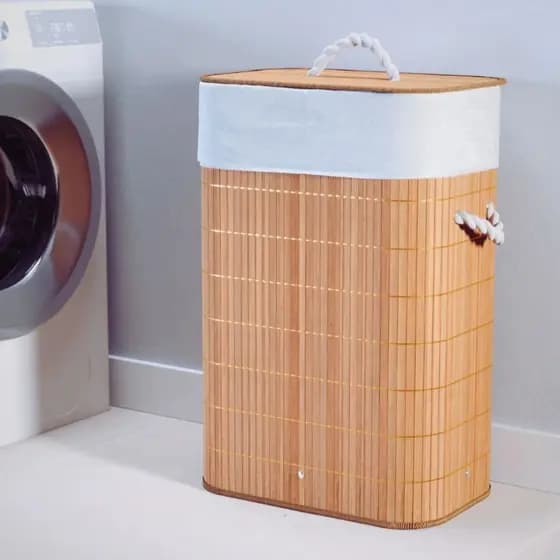 Cesto De Roupa Suja Bambu 72 Litros Lavanderia Com Tampa e Alças Forrado Organizador Banheiro Grande
