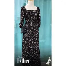 Vestido Feminino Romando Vestido Longo de Manga Lindo da Moda Floral Preto Envio imediato