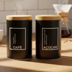 Porta Condimentos Inox Açúcar Café Pote hermético de Cozinha Preto e Madeira Envio Imediato