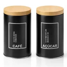kit Porta Condimentos Inox Açúcar Café Pote hermético de Cozinha Preto e Madeira Envio Imediato