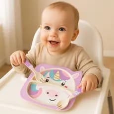 Kit Prato Infantil 3 Peças Garfinho Colher Pratinho com Divisória Introdução Alimentar