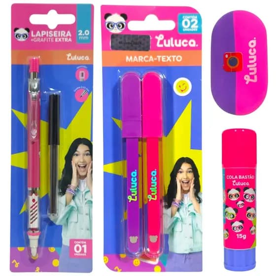 Kit Escolar Luluca Lapiseira 2.0mm Marca-Texto Borracha Cola Menina Papelaria Fofa