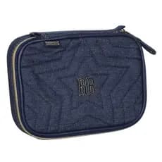 Estojo Box Grande Rebecca Bonbon Jeans Azul Escuro Com Divisória para 36 Lápis Bolso com Zíper