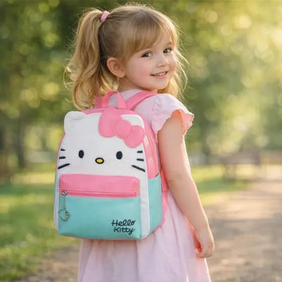 Mochila Infantil Hello Kitty Original Pelúcia Rosa e Azul Mochilinha Escolar Fofa Leve e Confortável
