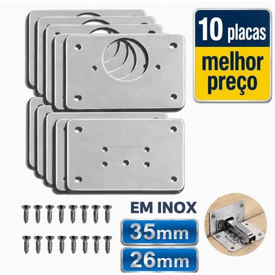 10 Placas De Reparo De Dobradiça Armário MDF Porta Cozinha Aço Inox