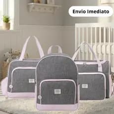 Kit de Bolsas Maternidade Monte Carlo Cinza e Rosa 03 peças + Trocador - Big Bag Baby