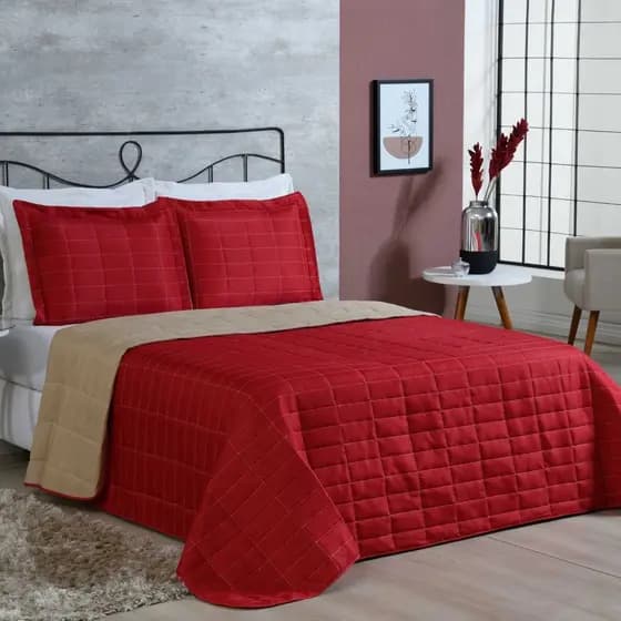 Kit 03 Peças Dupla Face Cobre Leito Colcha Quarto Casal Cama Queen Box com Porta Travesseiro em tecido matelado