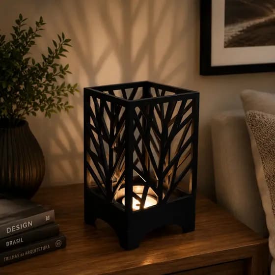Abajur de Mesa Arabesco Luminária Cubo para Sala e Quarto Preto com Tomada