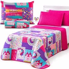 Kit Colcha Cobre Leito Matelado Dupla Face + Jogo Lençol com Estampas Coloridas para Decoração Personalizada