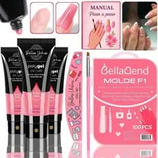 Kit Polygel Completo com 3 Poligel + Moldes F1+ Lixa + Pincel para Alongamento de Unhas Profissional