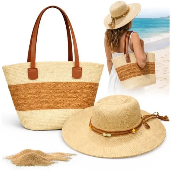 Bolsa De Praia Grande Feminina Palha + Chapéu Summer Moda | Envio Imediato