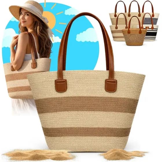 Bolsa Palha Grande Feminina Moda Praia Viagem Cor Caramelo e Bege Claro Zíper Verão - Envio Imediato