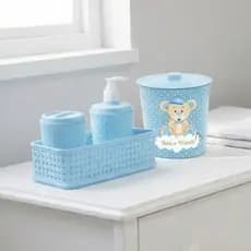 Porta Algodão 3 Peças Higiene Bebê + Lixeira Ursinho 3L Azul Menino