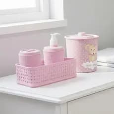 Kit Porta Algodão 3 Peças Higiene Bebê + Lixeira Ursinho 3L Rosa