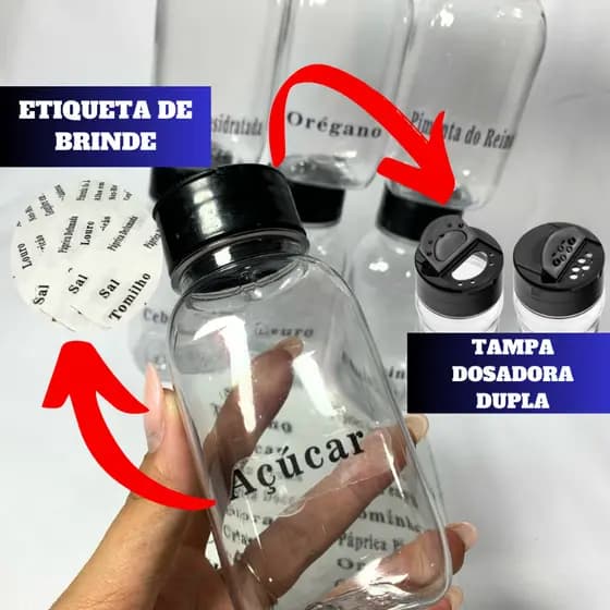 Pote de Tempero 200/120ML  + ETIQUETA 3D PREMIUM Tampa Dosadora Dupla