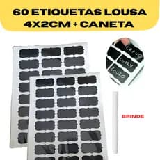 60 Etiquetas Adesivas Lousa 4x2cm + Caneta Giz Líquido Pote Porta Tempero Envio em até 24h