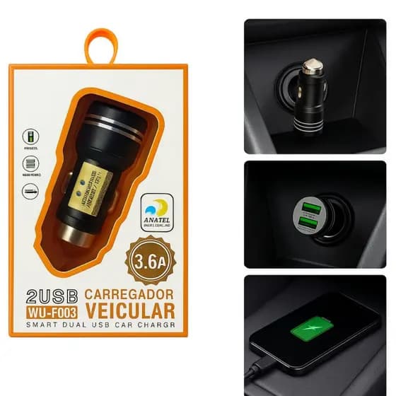 Carregador Veicular USB Duplo 12V 24V 2 Portas Rápido Compacto Para Celular Android iPhone Carro Viagem GPS
