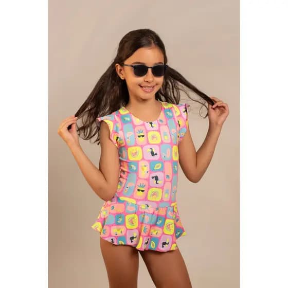 Maiô Infantil Manga Curta C/ Saia Godê - Proteção UV50+ - Modelo Vestido Menina/Kids