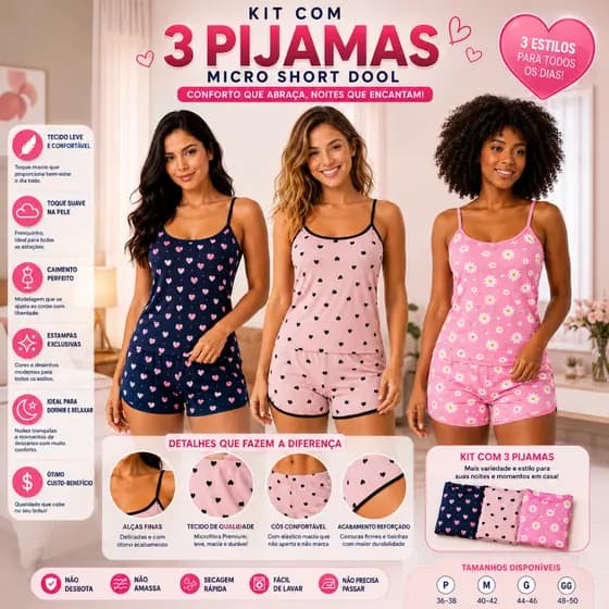 3 Peças Pijamas Baby Doll Feminino Conjuntos Pijama Short Doll Feminina Estampas Exclusiva