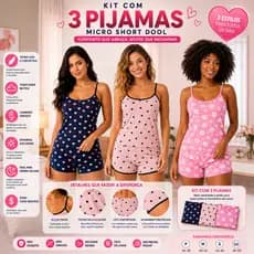 3 Peças Pijamas Baby Doll Feminino Conjuntos Pijama Short Doll Feminina Estampas Exclusiva
